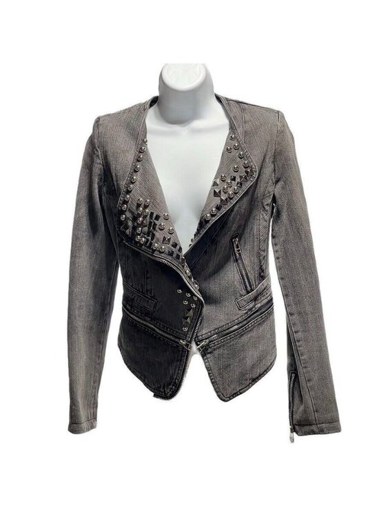 TOV HOLY G Jackets & Blazers - TOV HOLY G Denim Jacket Gray Cotton Embellished Moto Jean Jacket Women's Size S